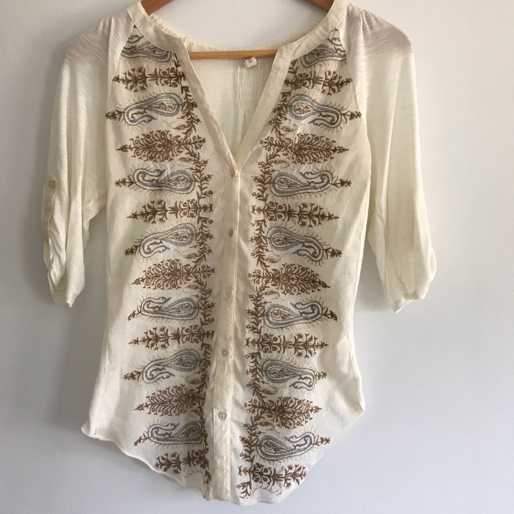 Anthropologie Ivory and Tan Embroidered Button Down Shirt